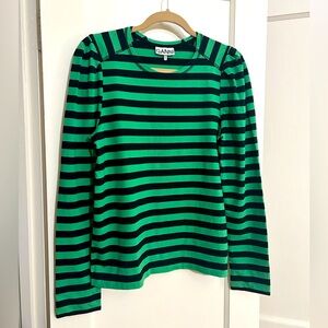 GANNI F/W2020 Green & Black Longsleeve Pullover w/Puff Shoulder Organic Cotton